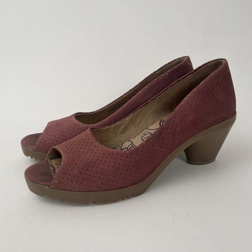 Fly London Frey Peep Toe Peeptoe Leather Heels, Smoky Purple, Size 9/9.5 (40)